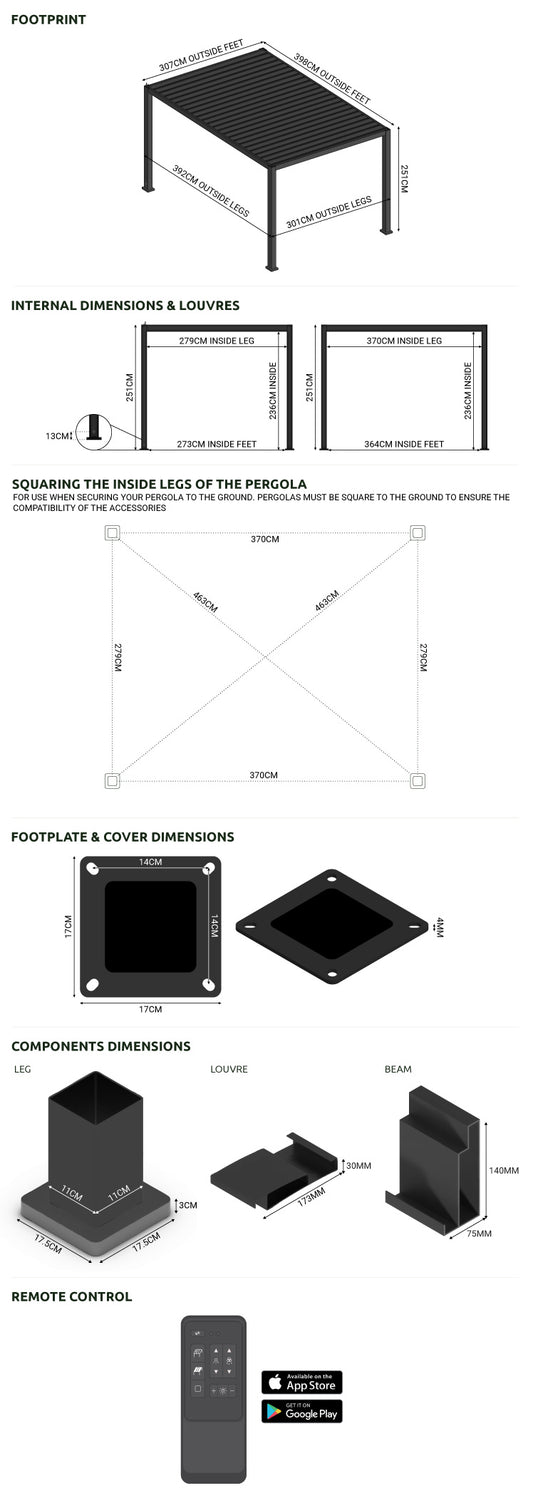 Nova - Titan 4m x 3m Rectangular Motorised LED Pergola in Grey