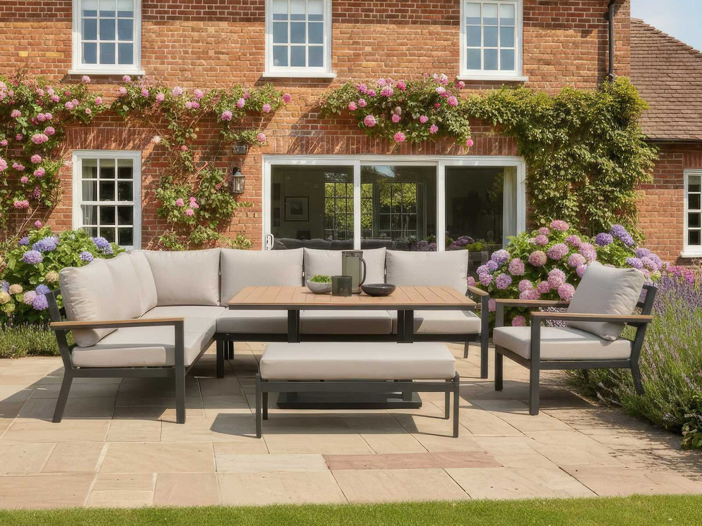 Nova - Heidi Left Hand Corner Sofa Dining Set with Rectangular Rising Table, Armchair and Bench