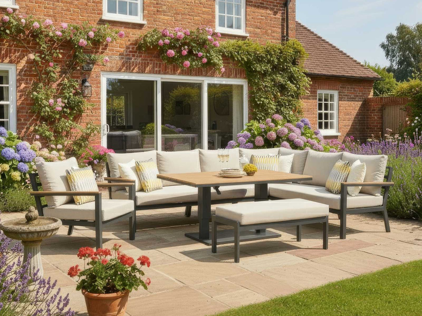 Nova - Heidi Right Hand Corner Sofa Dining Set with Rectangular Rising Table, Armchair and Bench