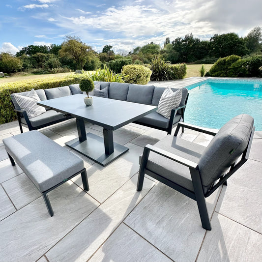 Nova - Phoenix Corner Sofa Set with Rectangular Extending Rising Table, Armchair & Bench - Grey