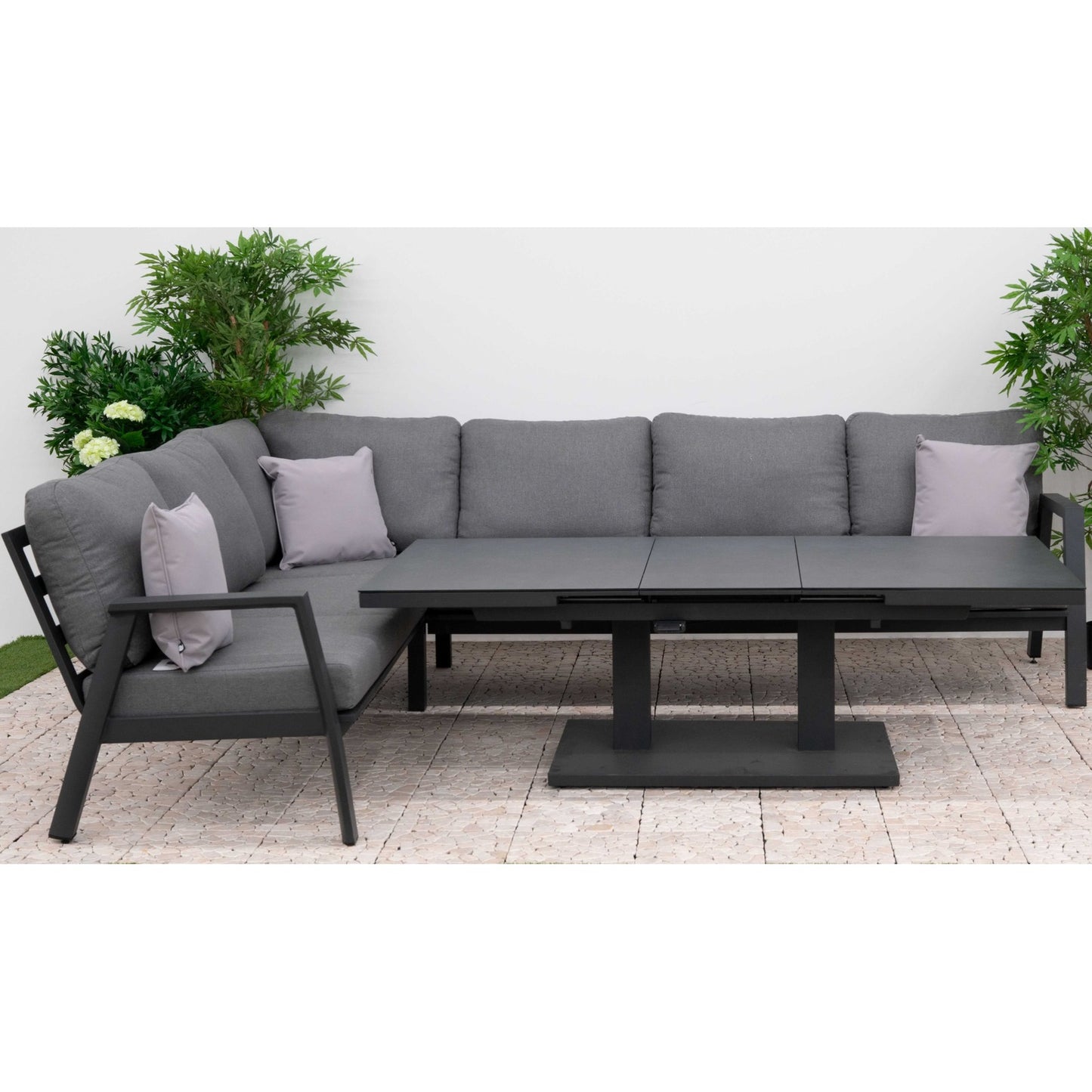 Nova - Phoenix L-Shaped Corner Sofa Lounge Dining Set with Rectangular Extending Rising Table - Grey