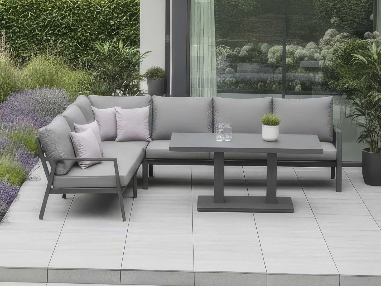 Nova - Phoenix L-Shaped Corner Sofa Lounge Dining Set with Rectangular Extending Rising Table - Grey