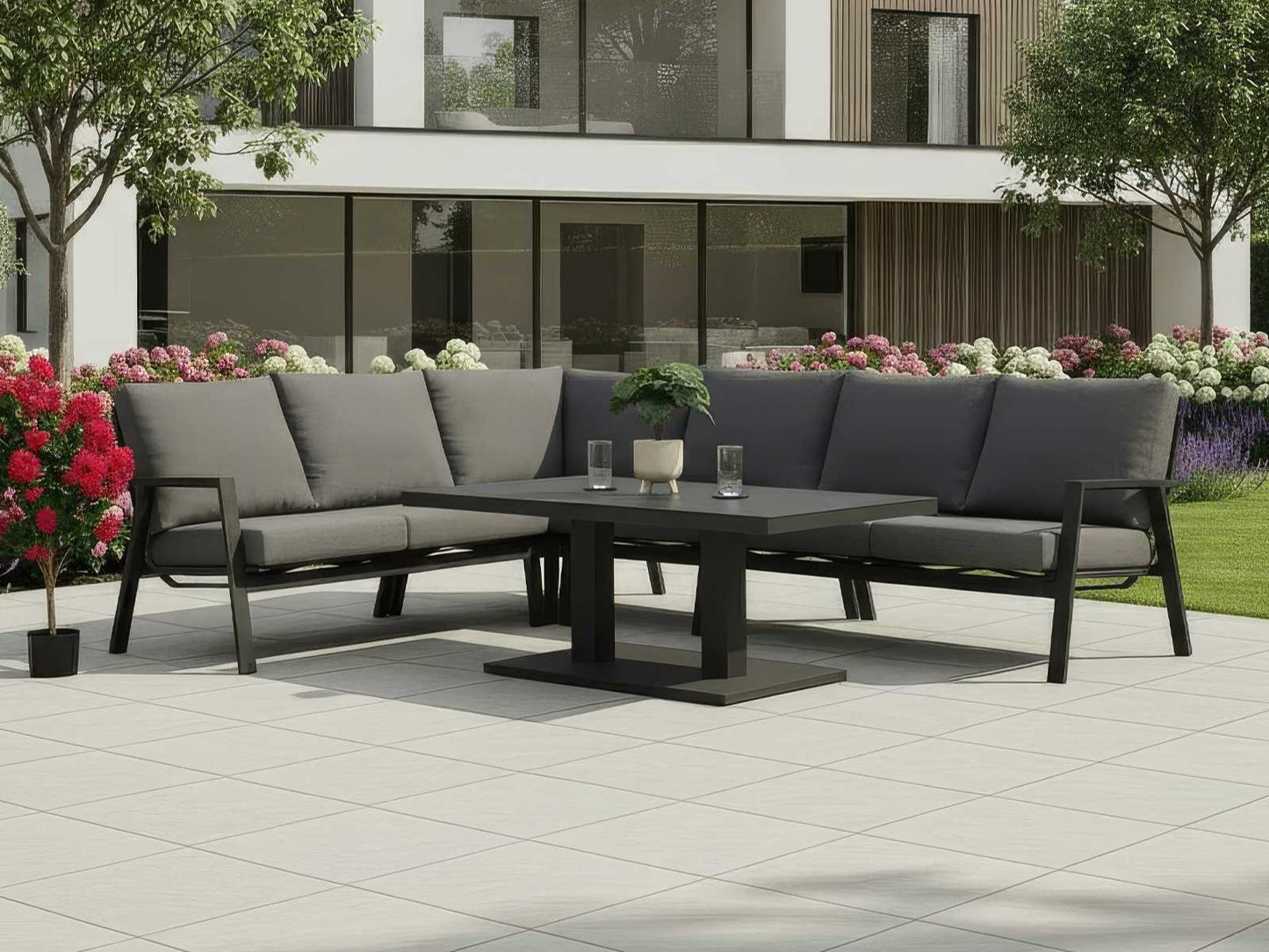 Nova - Zara L-Shaped Corner Sofa Set with Rectangular Rising Table - Grey