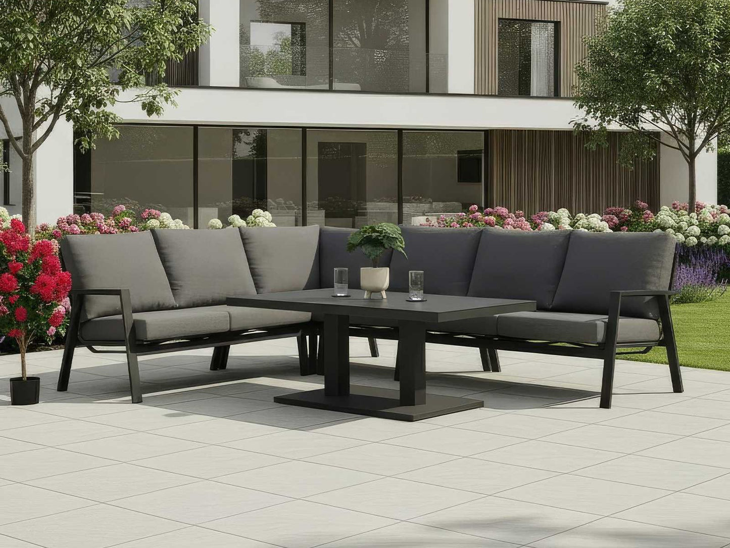 Nova - Zara L-Shaped Corner Sofa Set with Rectangular Extending Rising Table - Grey