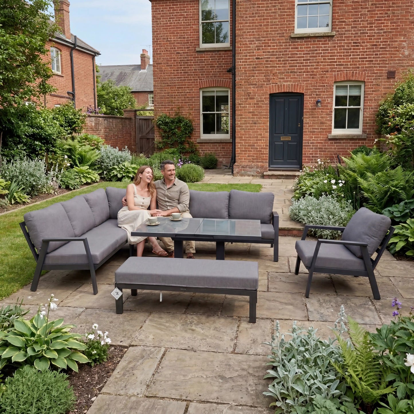 Nova - Phoenix Corner Sofa Set with Rectangular Rising Table, Armchair & Bench - Grey