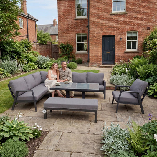 Nova - Phoenix Corner Sofa Set with Rectangular Rising Table, Armchair & Bench - Grey