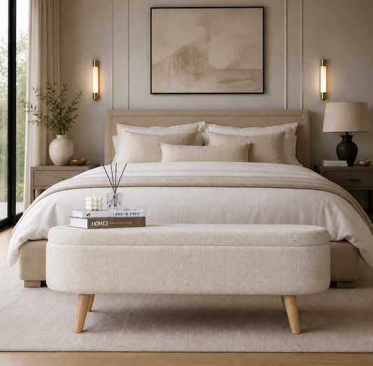 White Boucle Storage Bench With Wooden Legs