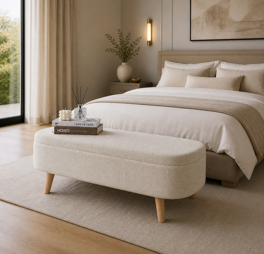 White Boucle Storage Bench With Wooden Legs