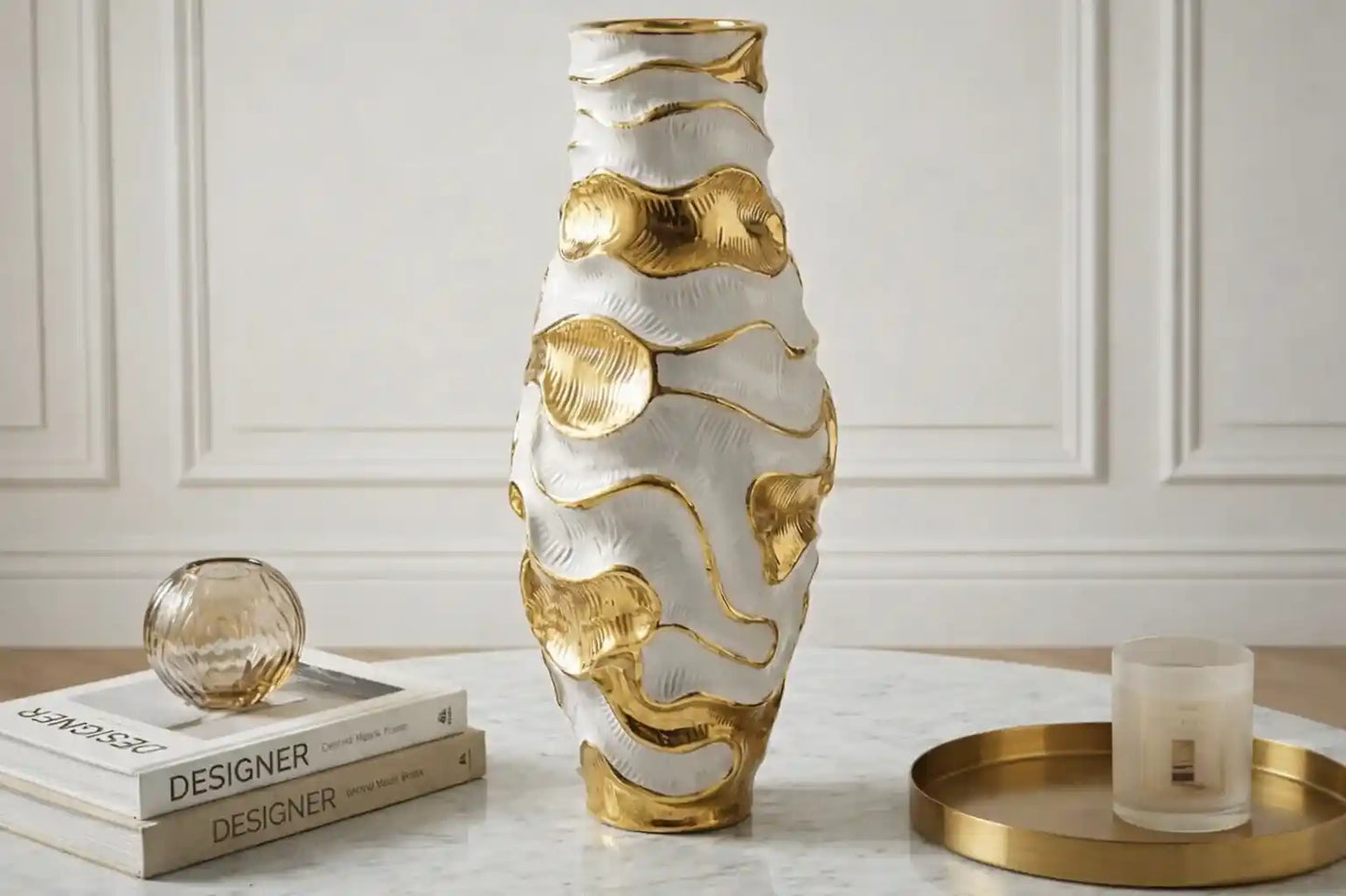 36cm White and Gold Textured Ripples Design