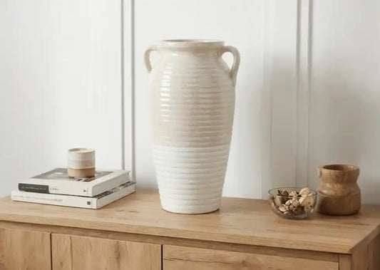 36cm Beige and White Ribbed Ceramic Vase