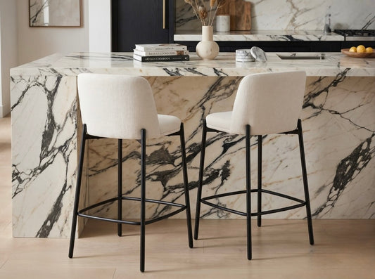 Maya Set of 2 Beige Textured Fabric Bar Chairs with Black Legs