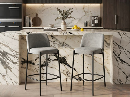 Maya Set of 2 Light Grey Textured Fabric Bar Chairs with Black Legs