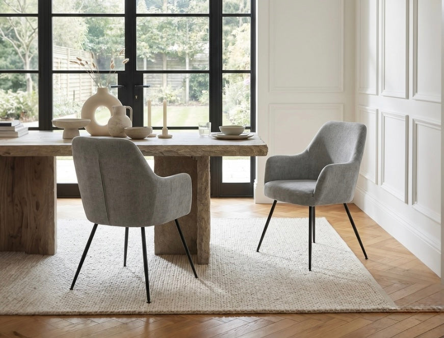 Sande Set of 2 Light Grey Textured Fabric Dining Chairs with Arms