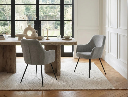 Sande Set of 2 Light Grey Textured Fabric Dining Chairs with Arms