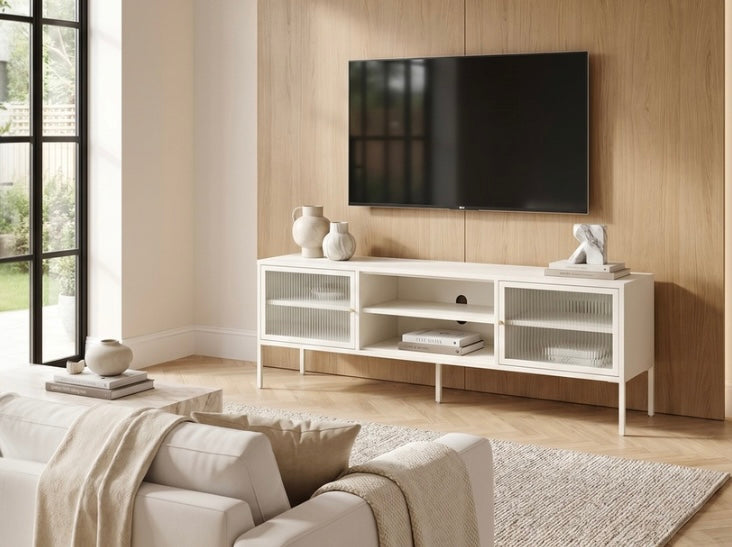 Ari White Metal Fluted Glass Door Media Unit