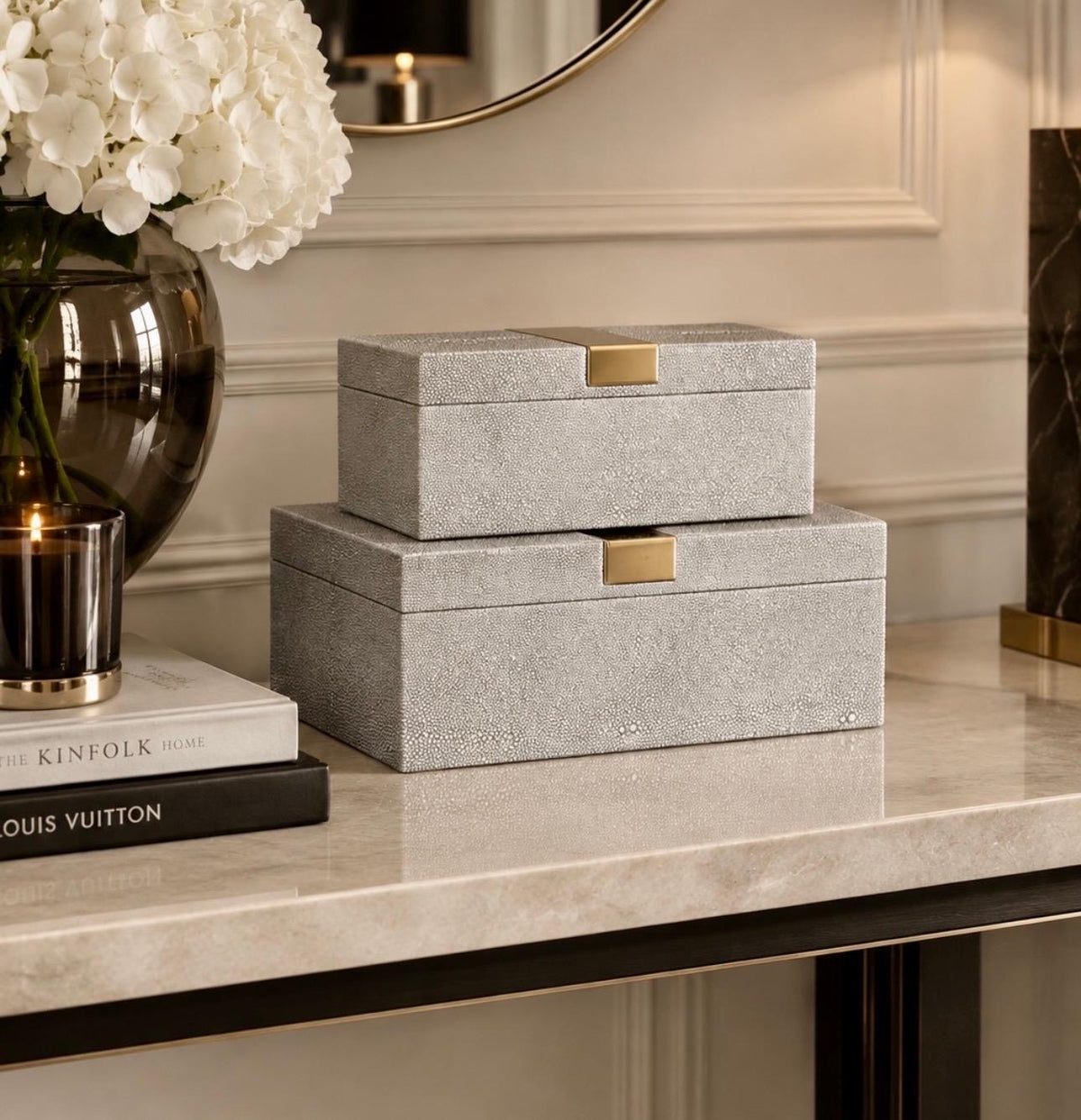 Set of 2 Shagreen Boxes with Gold Detail
