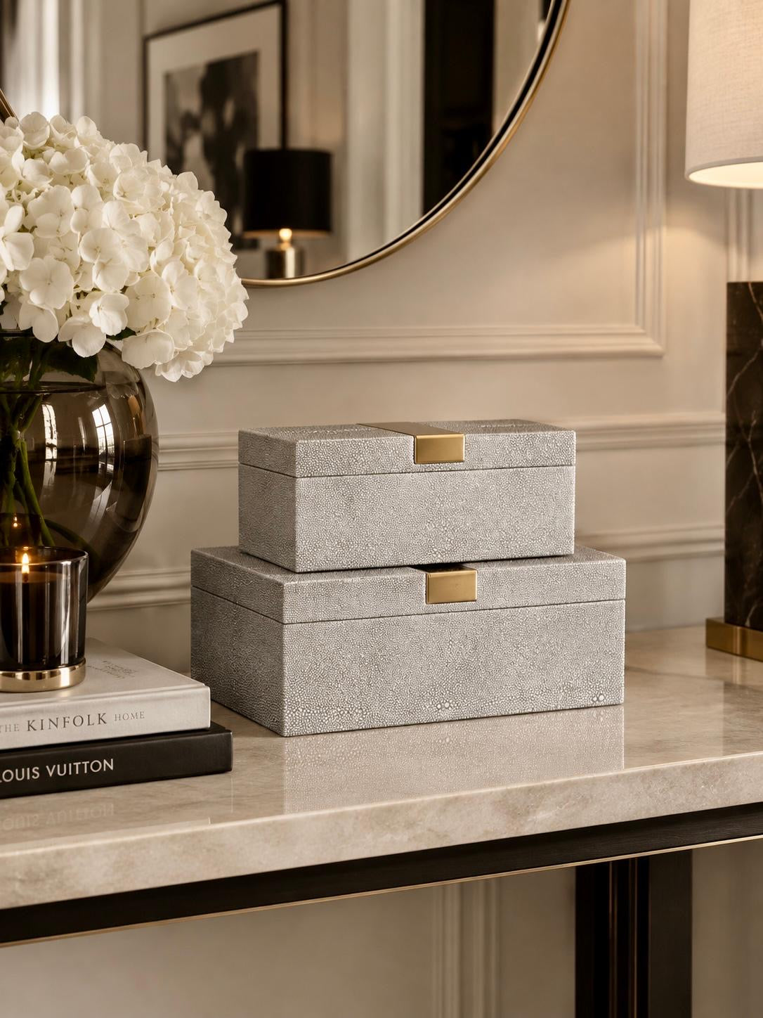Set of 2 Shagreen Boxes with Gold Detail
