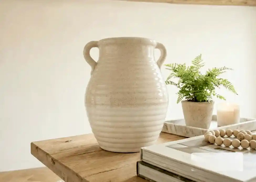 26cm Beige and White Ribbed Ceramic Vase