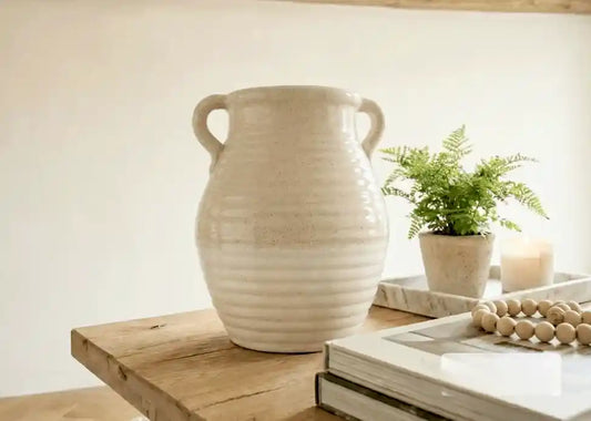 26cm Beige and White Ribbed Ceramic Vase