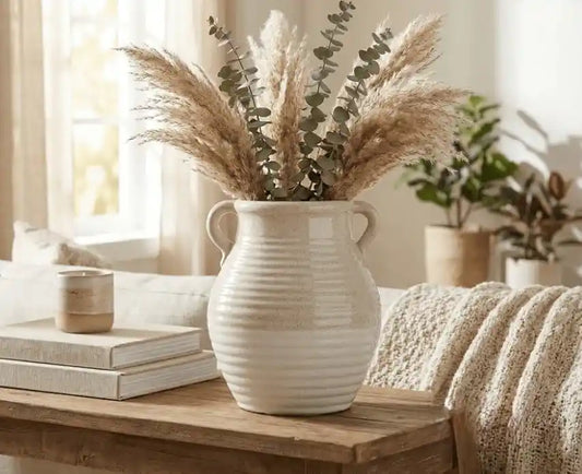 26cm Beige and White Ribbed Ceramic Vase