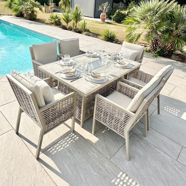 Chimes - Monaco Aluminium 6 Seat Rectangular Dining Set - 1 Meter x 1.5 Meter Table With Firepit - Rope Weave - Cream