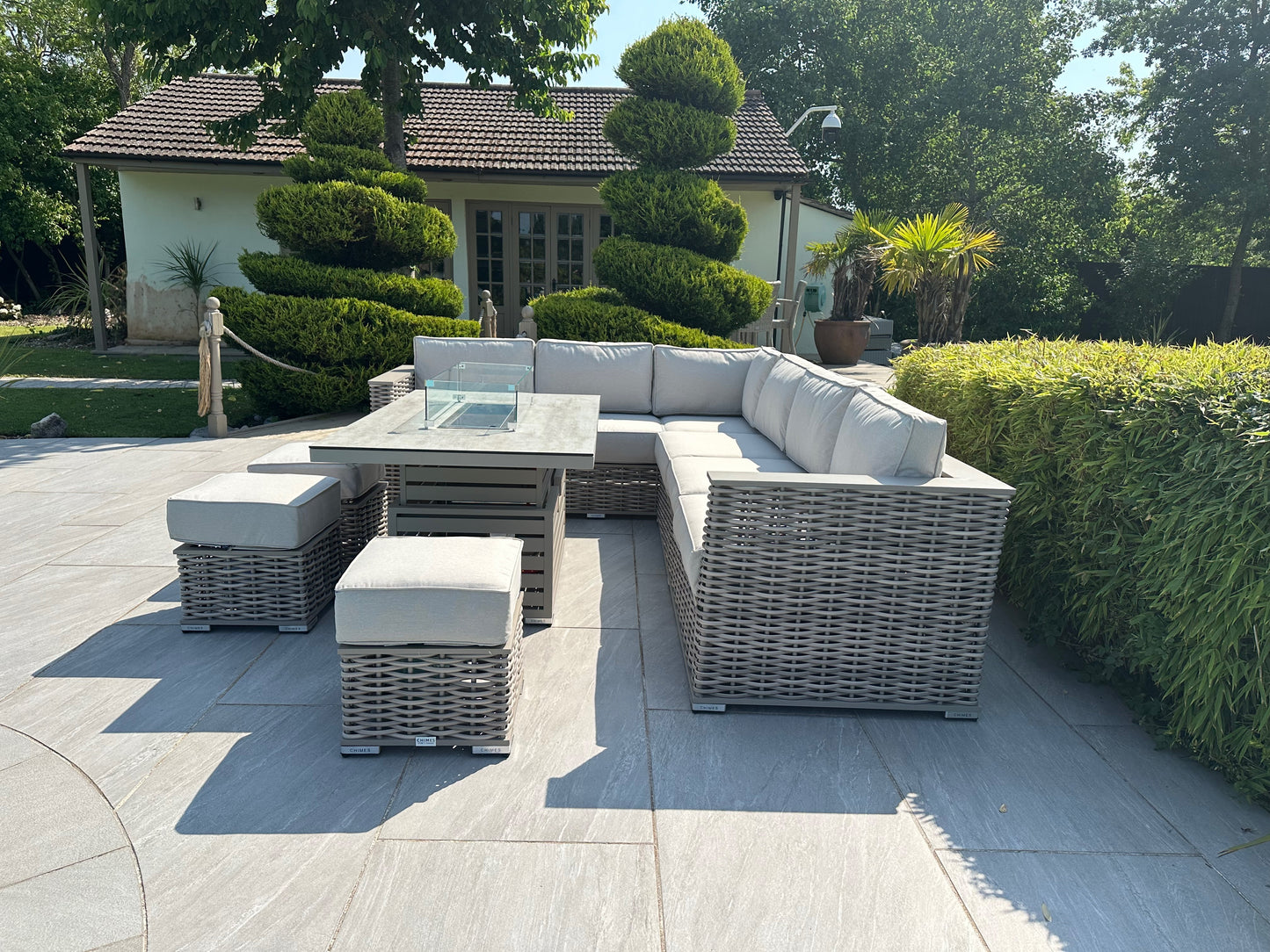 Chimes - Monaco Aluminium & Rope Left Hand Corner Dining Set with Rising Firepit Table - Cream