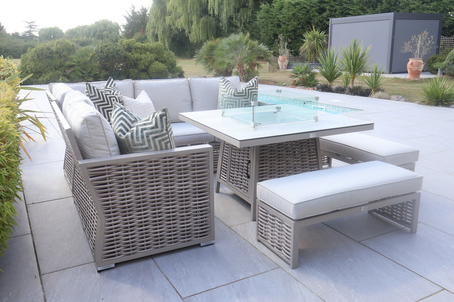 Chimes - Monaco Aluminium Compact Corner Dining Set with Firepit Table - Rope Weave - Cream