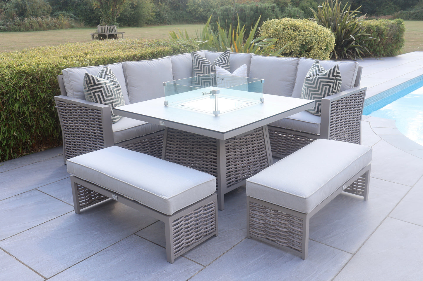 Chimes - Monaco Aluminium Compact Corner Dining Set with Firepit Table - Rope Weave - Cream