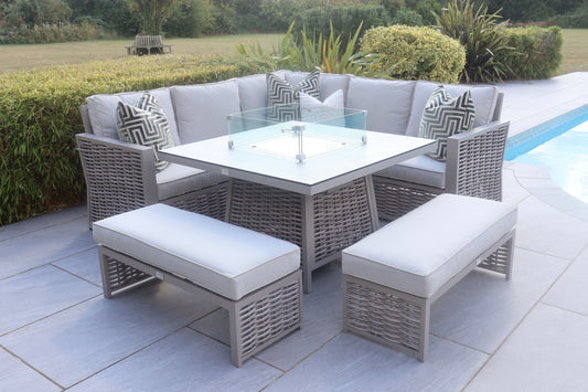 Chimes - Monaco Aluminium Compact Corner Dining Set with Firepit Table - Rope Weave - Cream