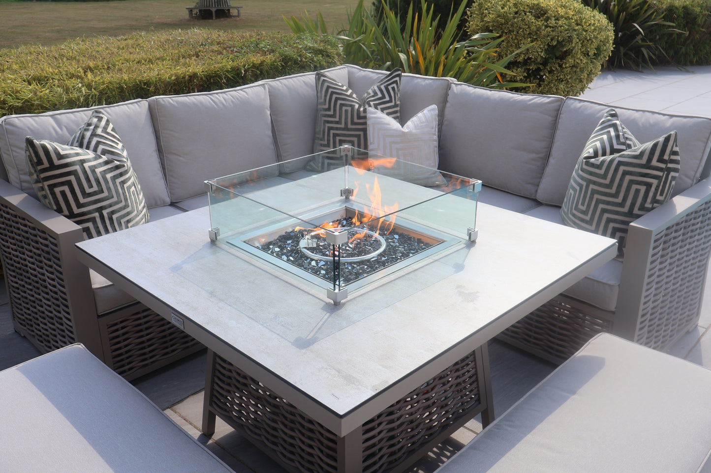 Chimes - Monaco Aluminium Compact Corner Dining Set with Firepit Table - Rope Weave - Cream