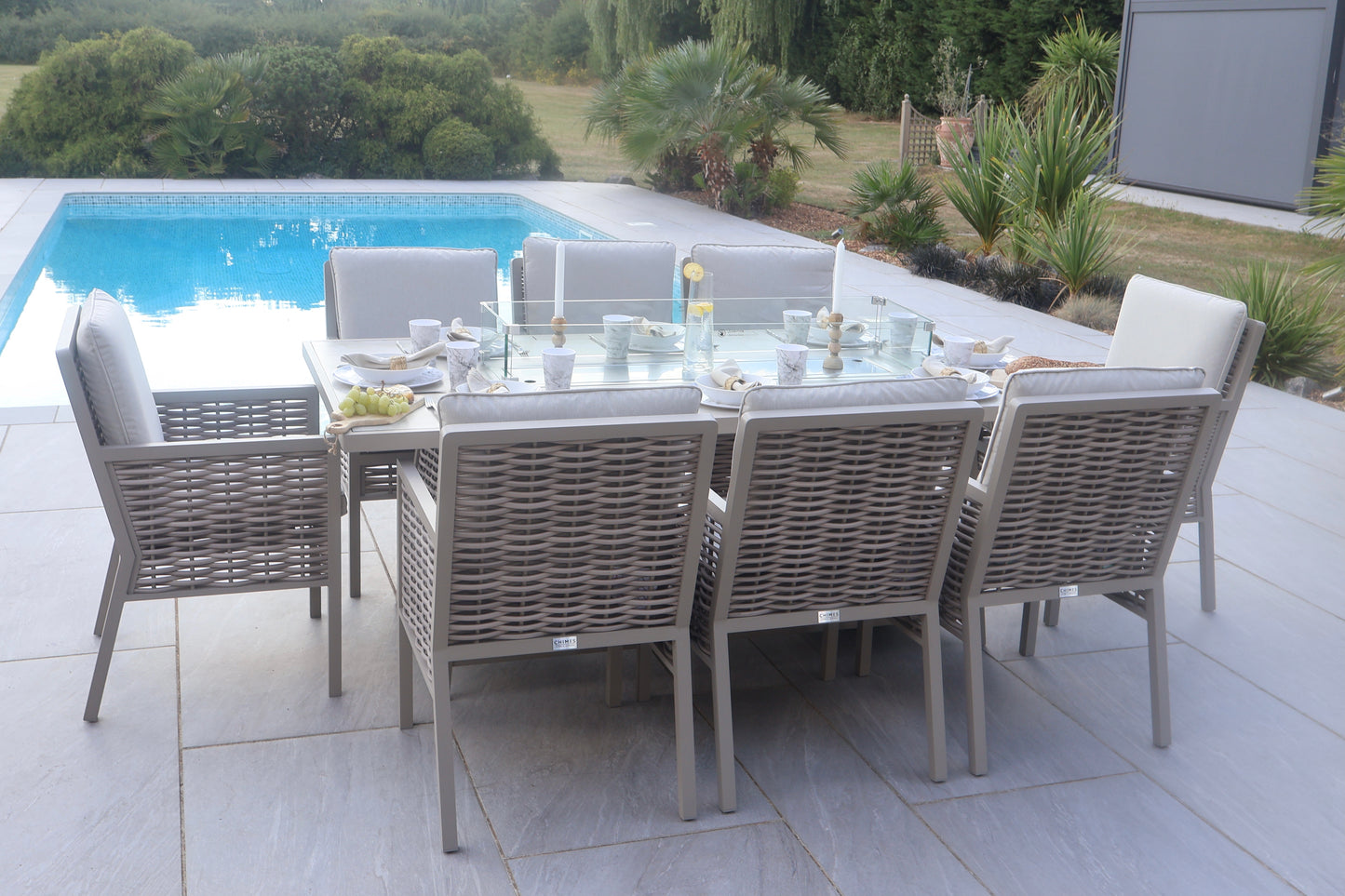 Chimes - Monaco Aluminium 8 Seat Rectangular Dining Set - 1 Meter x 2 Meter Table With Firepit - Rope Weave - Cream