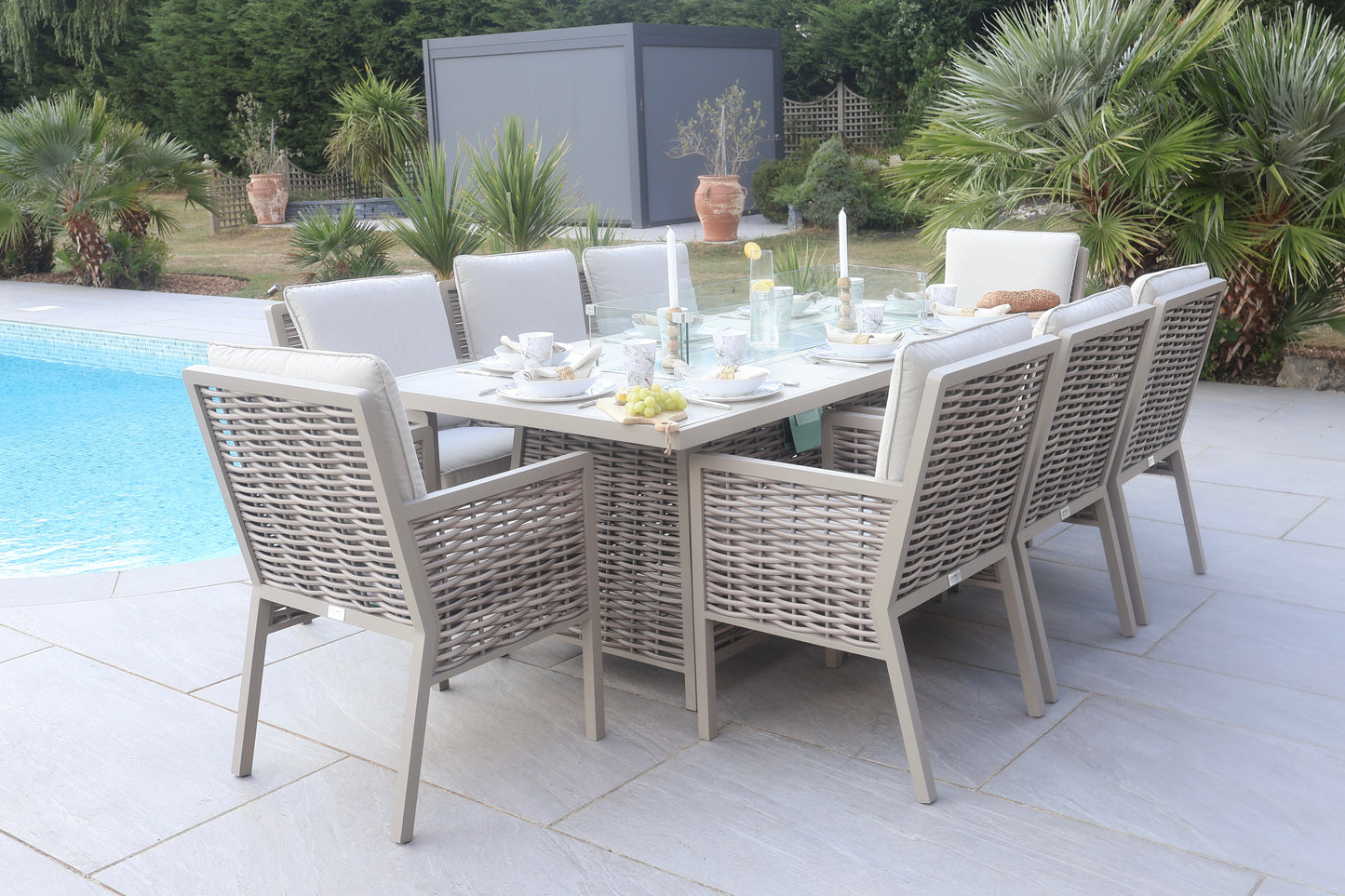 Chimes - Monaco Aluminium 8 Seat Rectangular Dining Set - 1 Meter x 2 Meter Table With Firepit - Rope Weave - Cream