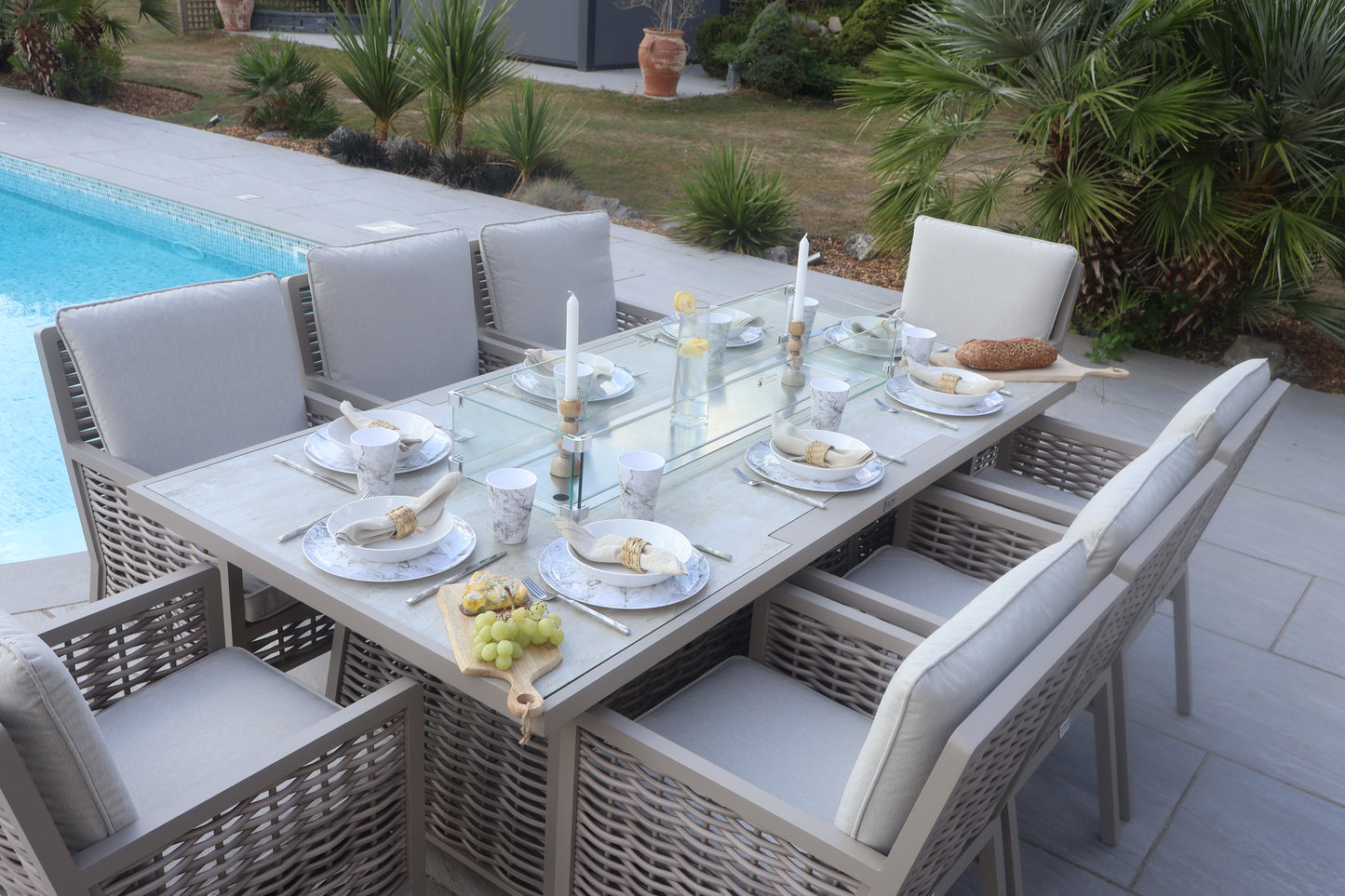 Chimes - Monaco Aluminium 8 Seat Rectangular Dining Set - 1 Meter x 2 Meter Table With Firepit - Rope Weave - Cream