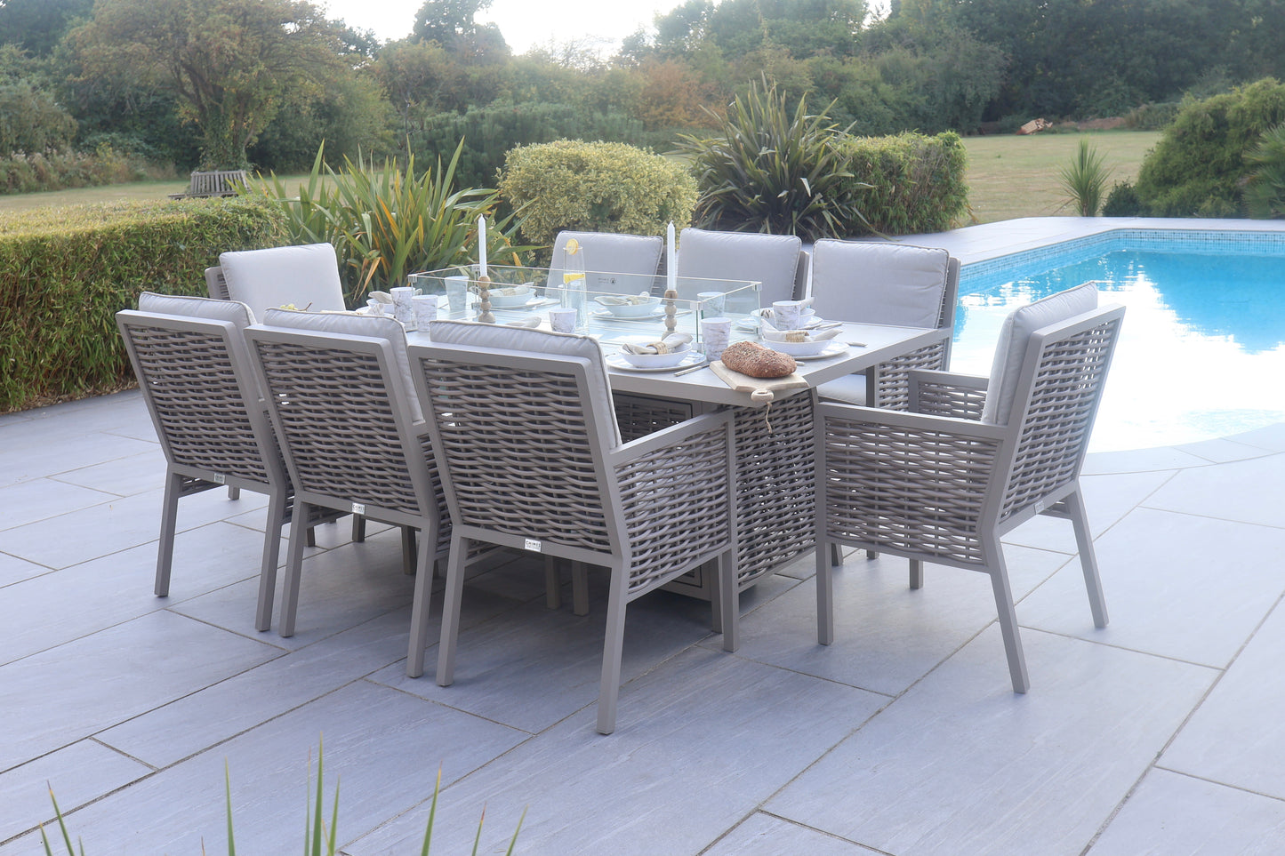 Chimes - Monaco Aluminium 8 Seat Rectangular Dining Set - 1 Meter x 2 Meter Table With Firepit - Rope Weave - Cream