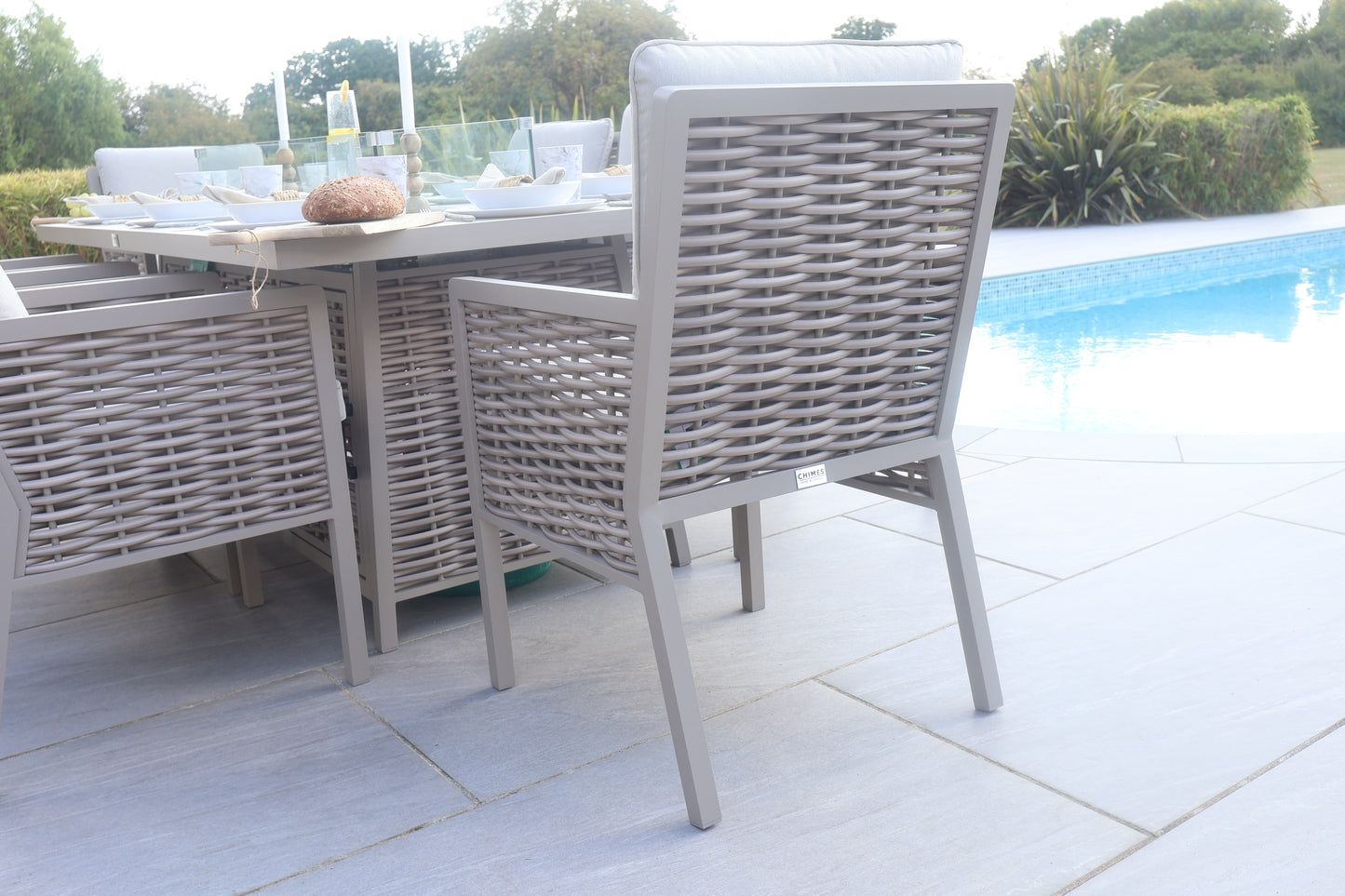 Chimes - Monaco Aluminium 8 Seat Rectangular Dining Set - 1 Meter x 2 Meter Table With Firepit - Rope Weave - Cream