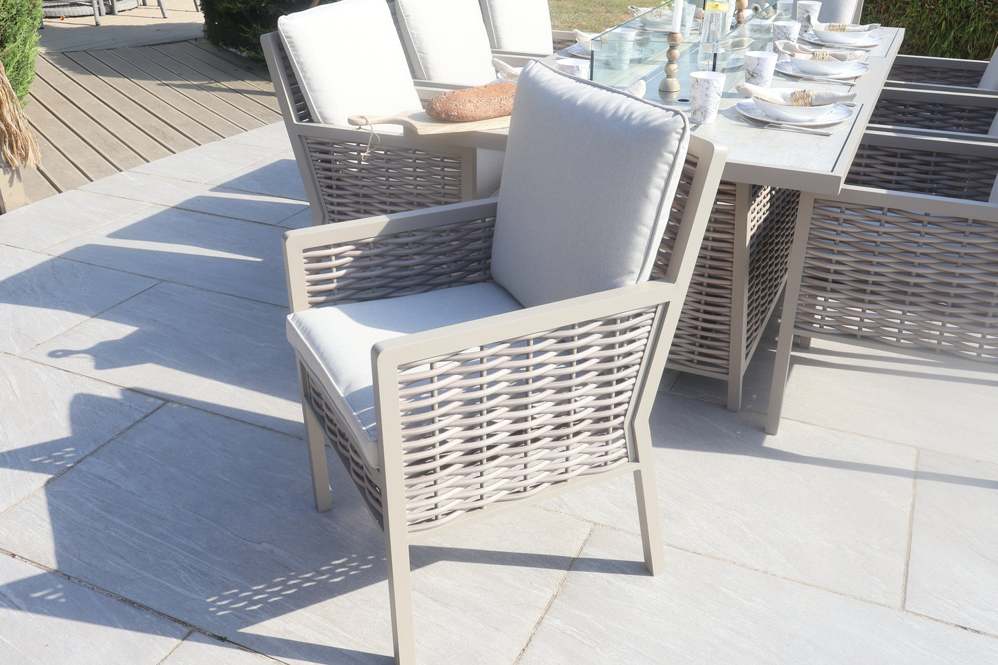 Chimes - Monaco Aluminium 8 Seat Rectangular Dining Set - 1 Meter x 2 Meter Table With Firepit - Rope Weave - Cream
