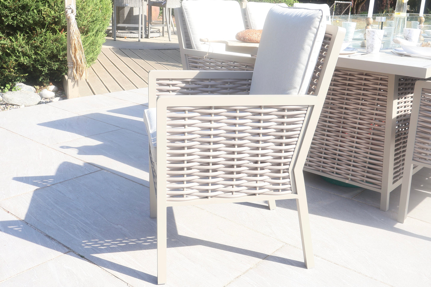 Chimes - Monaco Aluminium 8 Seat Rectangular Dining Set - 1 Meter x 2 Meter Table With Firepit - Rope Weave - Cream