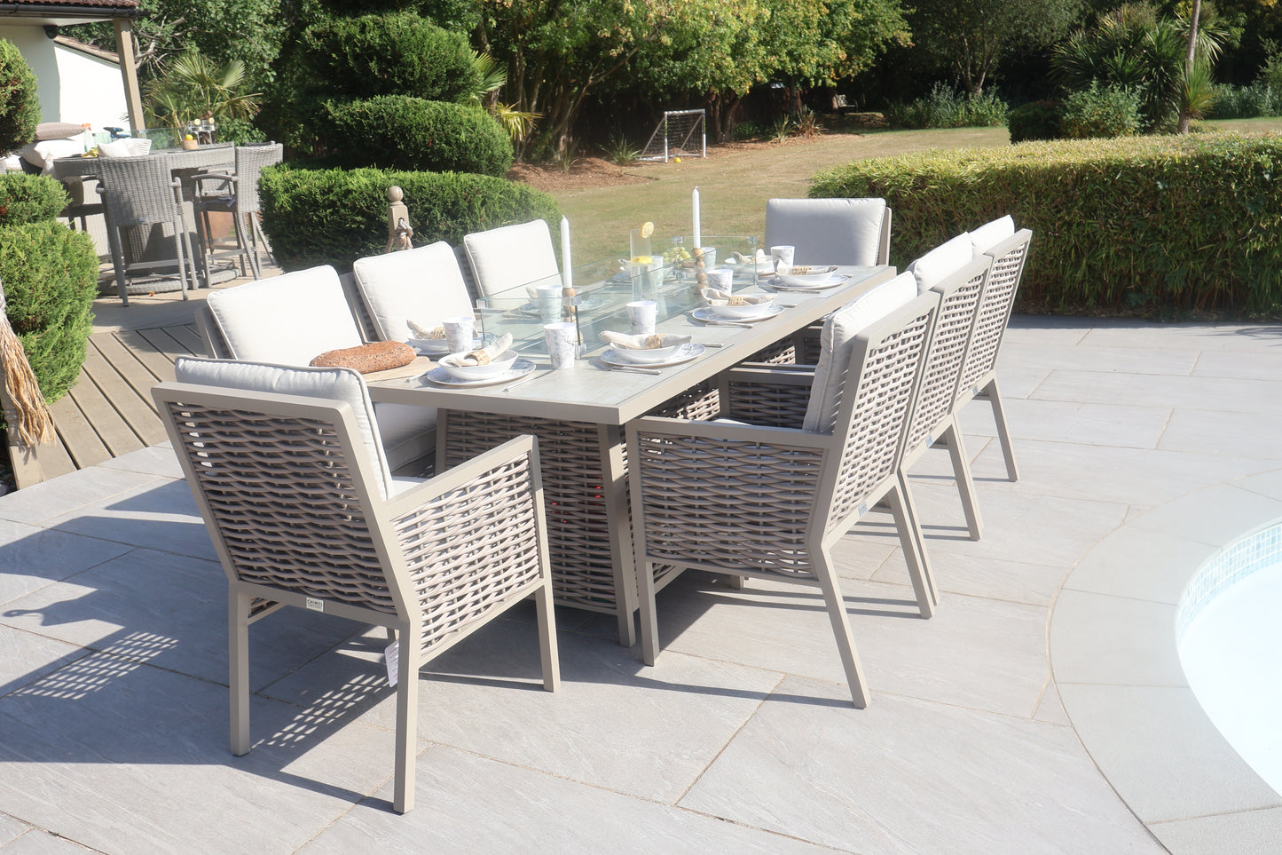 Chimes - Monaco Aluminium 8 Seat Rectangular Dining Set - 1 Meter x 2 Meter Table With Firepit - Rope Weave - Cream