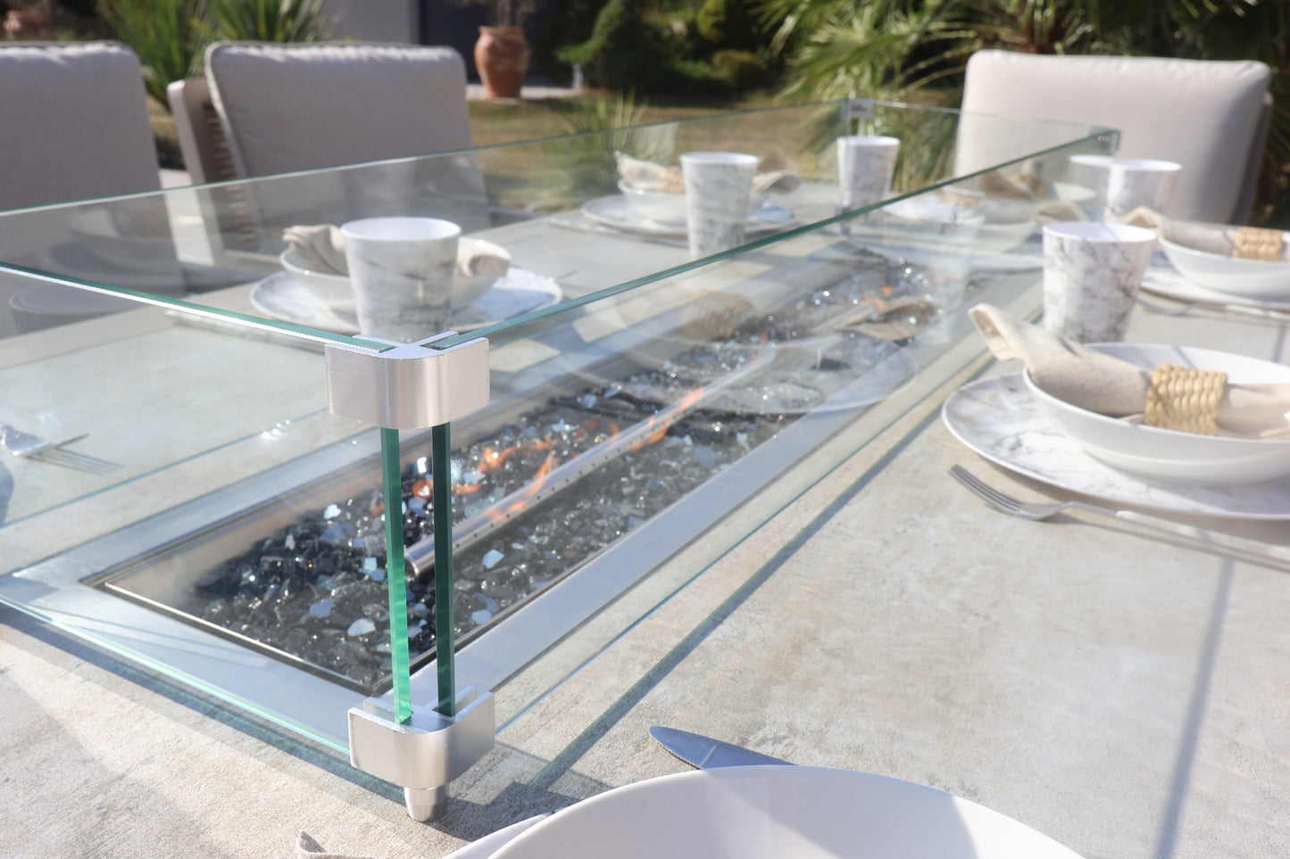 Chimes - Monaco Aluminium 8 Seat Rectangular Dining Set - 1 Meter x 2 Meter Table With Firepit - Rope Weave - Cream