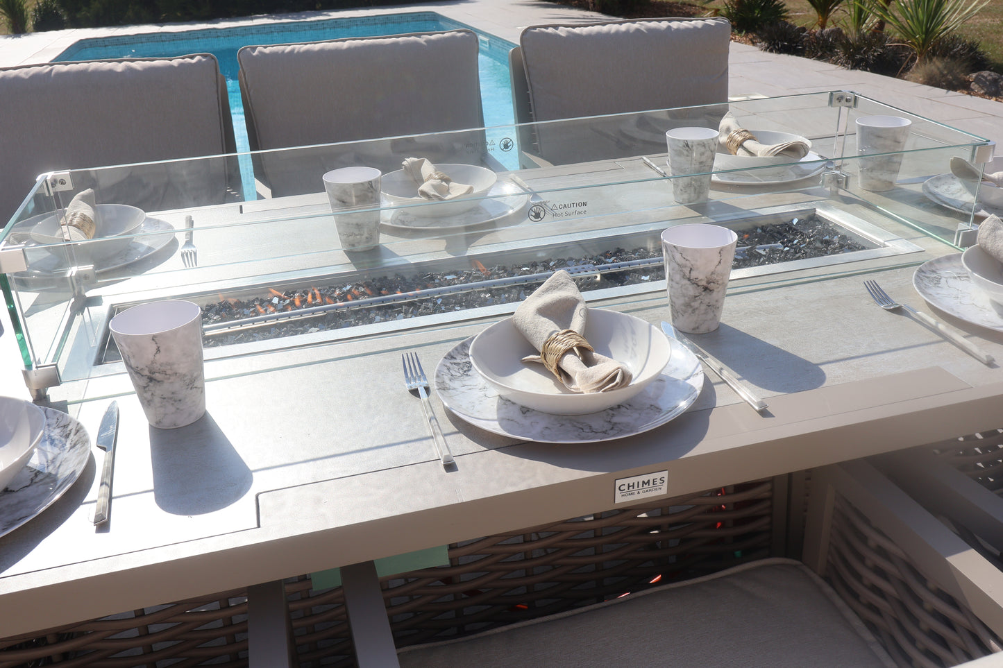 Chimes - Monaco Aluminium 8 Seat Rectangular Dining Set - 1 Meter x 2 Meter Table With Firepit - Rope Weave - Cream