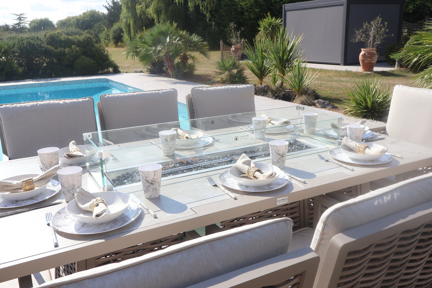 Chimes - Monaco Aluminium 8 Seat Rectangular Dining Set - 1 Meter x 2 Meter Table With Firepit - Rope Weave - Cream