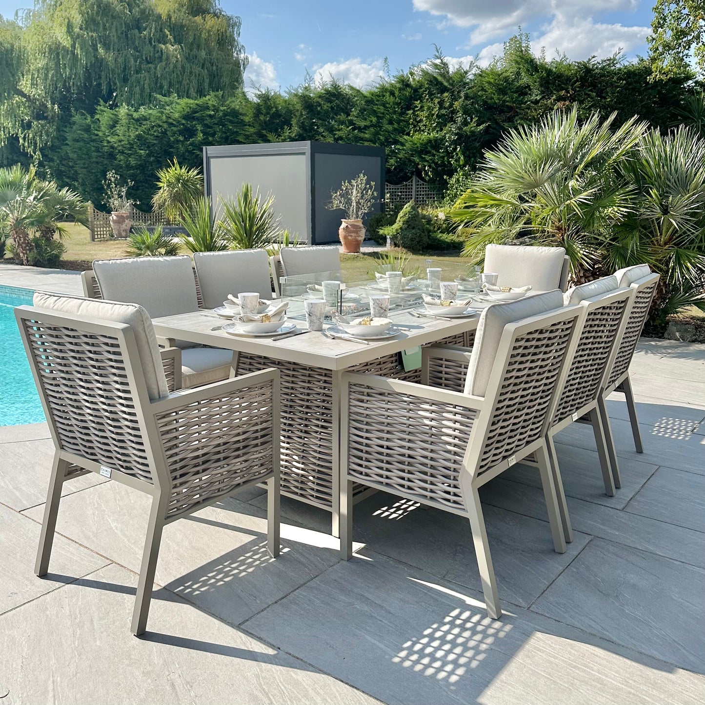 Chimes - Monaco Aluminium 8 Seat Rectangular Dining Set - 1 Meter x 2 Meter Table With Firepit - Rope Weave - Cream