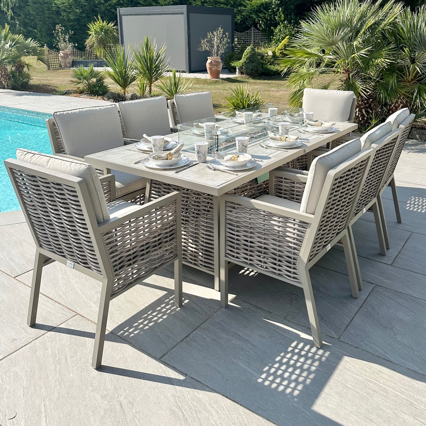 Chimes - Monaco Aluminium 8 Seat Rectangular Dining Set - 1 Meter x 2 Meter Table With Firepit - Rope Weave - Cream