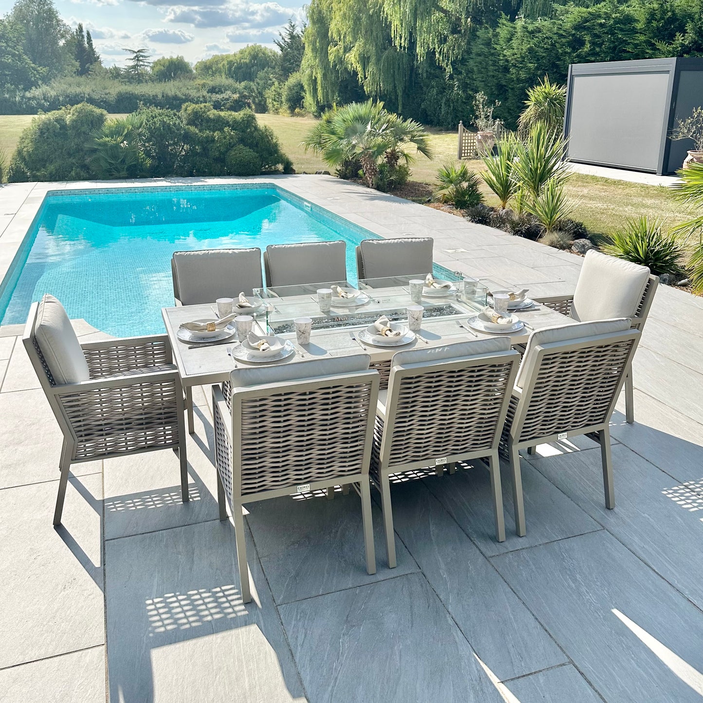Chimes - Monaco Aluminium 8 Seat Rectangular Dining Set - 1 Meter x 2 Meter Table With Firepit - Rope Weave - Cream
