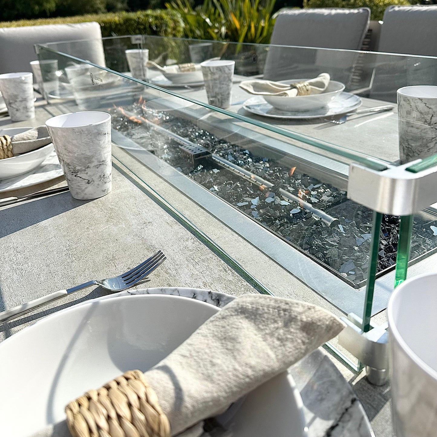 Chimes - Monaco Aluminium 8 Seat Rectangular Dining Set - 1 Meter x 2 Meter Table With Firepit - Rope Weave - Cream