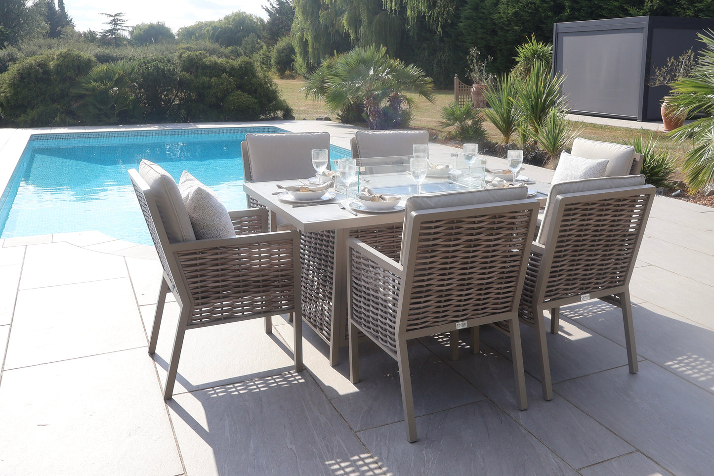 Chimes - Monaco Aluminium 6 Seat Rectangular Dining Set - 1 Meter x 1.5 Meter Table With Firepit - Rope Weave - Cream