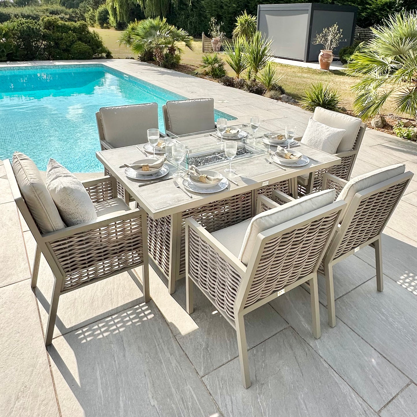 Chimes - Monaco Aluminium 6 Seat Rectangular Dining Set - 1 Meter x 1.5 Meter Table With Firepit - Rope Weave - Cream