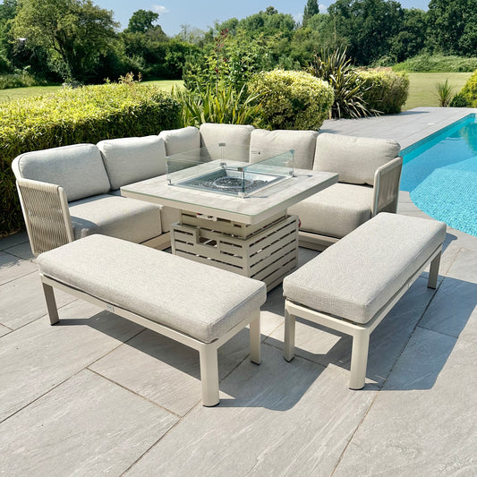 Chimes - Portofino Aluminium & Rope Compact Corner Dining Set With Rising Fire-Pit Table