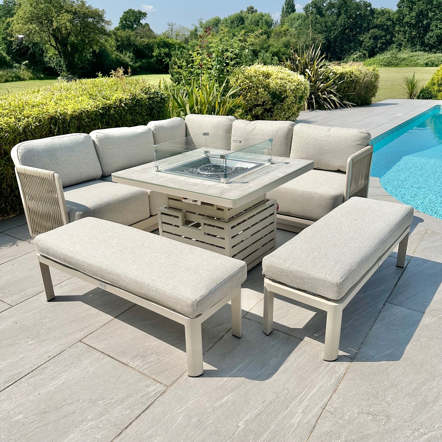 Chimes - Portofino Aluminium & Rope Compact Corner Dining Set With Rising Fire-Pit Table