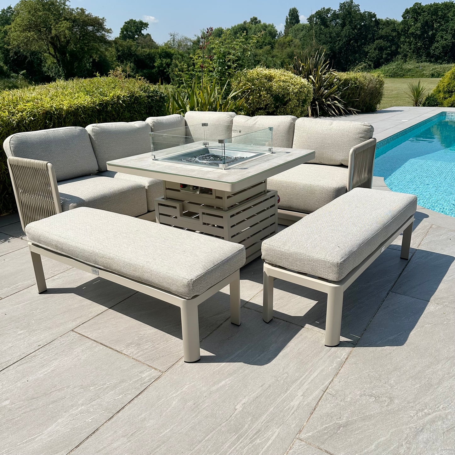 Chimes - Portofino Aluminium & Rope Compact Corner Dining Set With Rising Fire-Pit Table